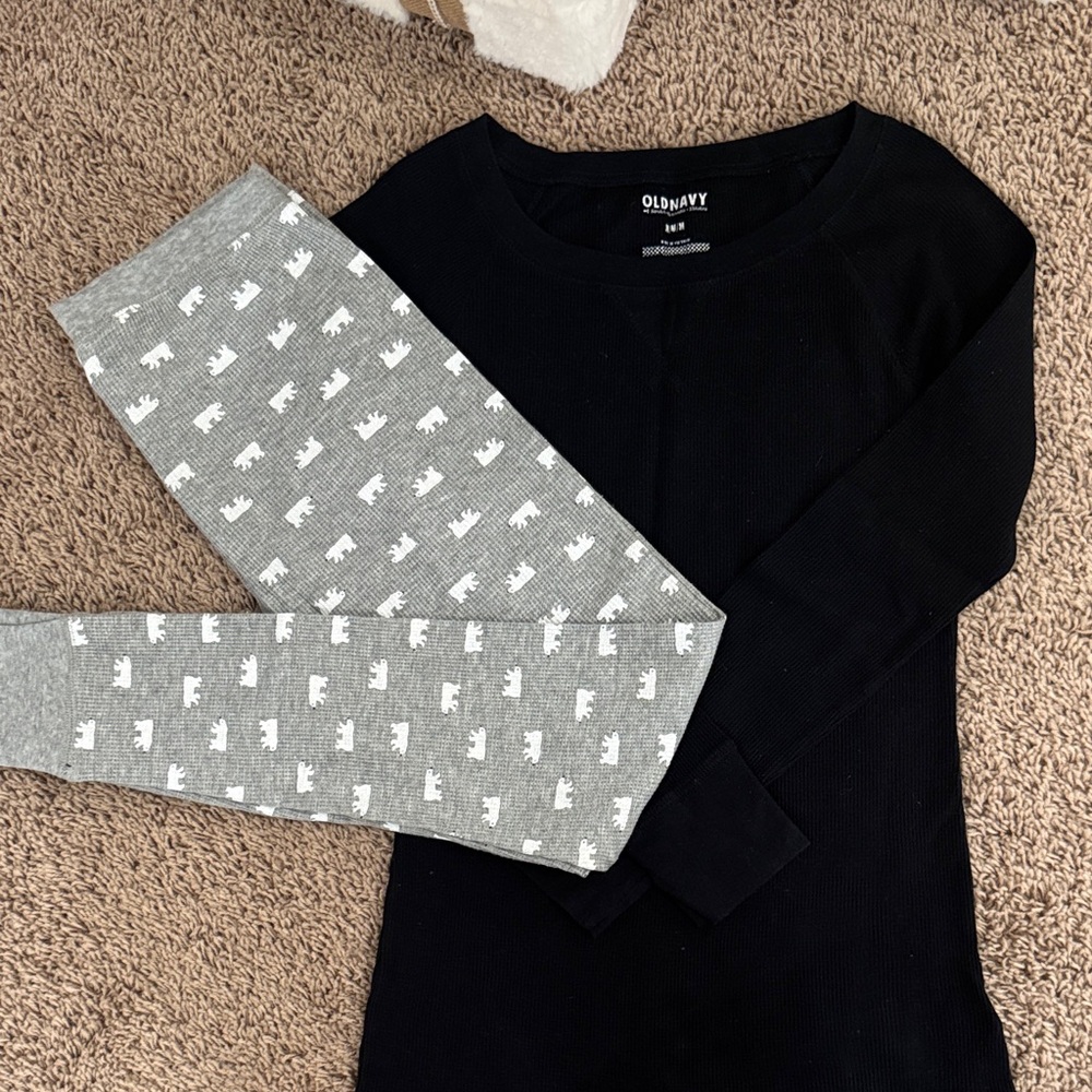 Old Navy Black Top and Gray Bear Print Pajama Pants